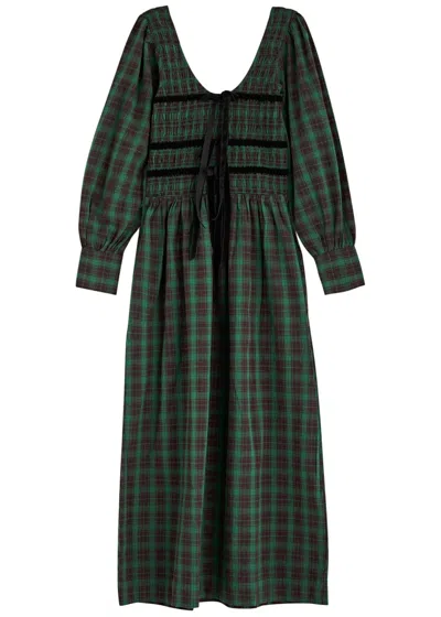 Damson Madder Elle Checked Cotton Midi Dress In Green