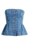 Damson Madder Elosie Strapless Peplum Denim Top In Blue