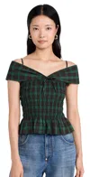 DAMSON MADDER ELSA SHIRRED BARDOT CAMI GREEN CHECK