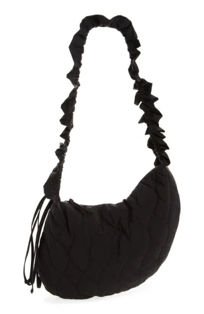 Damson Madder Embroidered Rose Ruched Kidney Bag In Black
