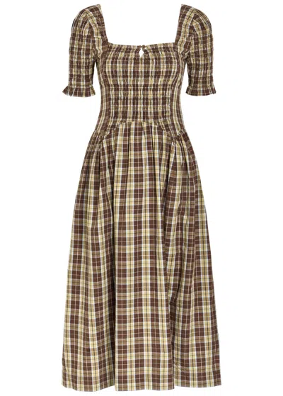Damson Madder Emmy Checked Shirred Cotton Midi Dress In Multi