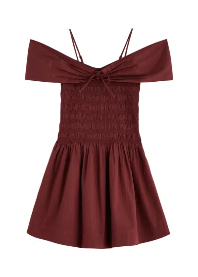Damson Madder Esmerelda Smocked Cotton Mini Dress In Burgundy