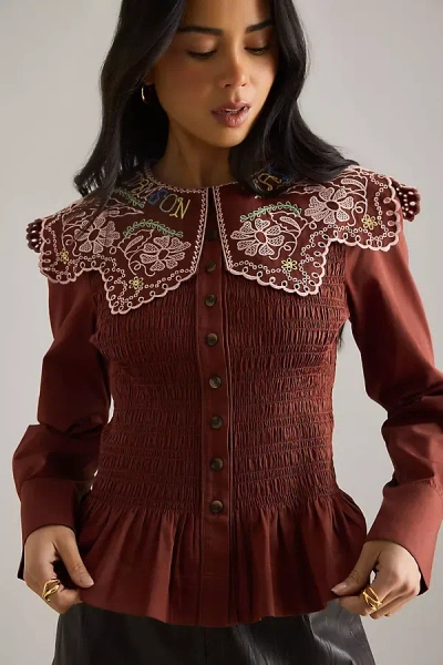 Damson Madder Fern Embroidered Blouse In Brown