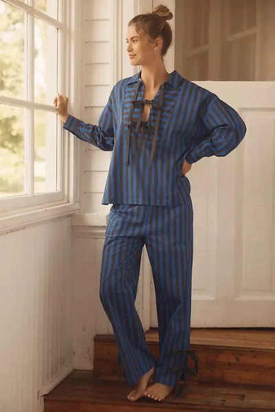 Damson Madder Floki Stripe Cotton Pajama Set In Blue