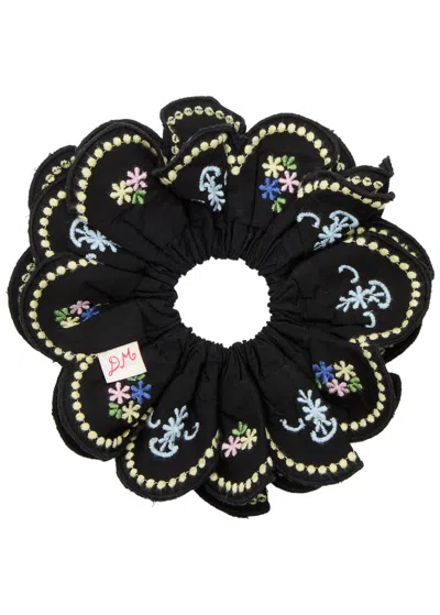 Damson Madder Floral-embroidered Cotton Scrunchie In Black