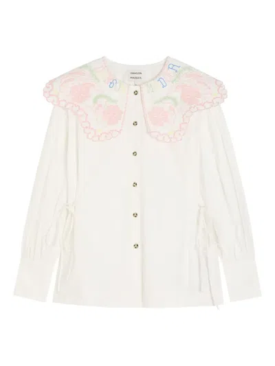 Damson Madder Floral-embroidered Scalloped Collar Blouse In White