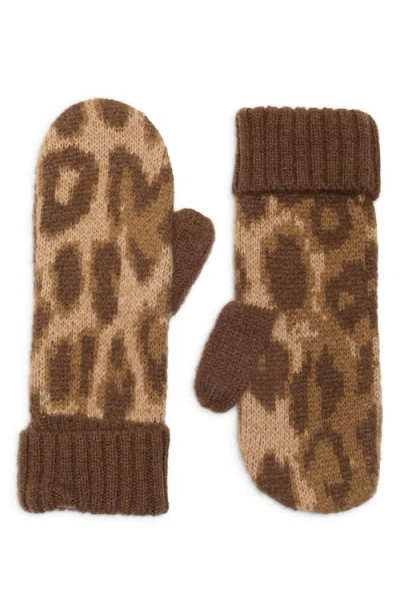 Damson Madder Fluffy Leopard Print Mittens In Brown