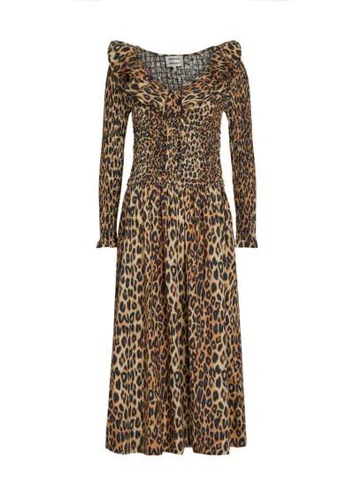 Damson Madder Harper Leopard Shirred Cotton-poplin Midi Dress In Brown