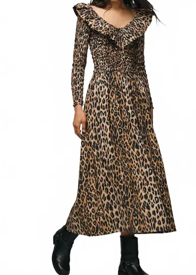 Damson Madder Harper Shirred Midi Dress In Leopard In Brown