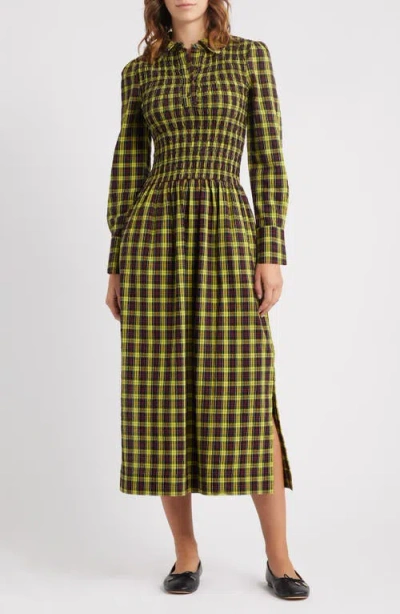 Damson Madder Hazel Plaid Long Sleeve Organic Cotton Dress In Multi