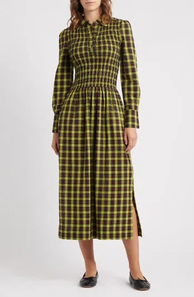 Damson Madder Hazel Plaid Long Sleeve Organic Cotton Dress In Green