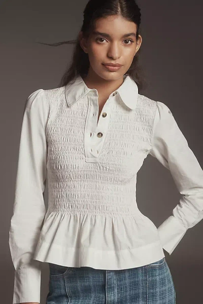 Damson Madder Hazel Shirred Long-sleeve Blouse In White