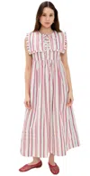 Damson Madder Josephine Stripe Organic Cotton Midi Dress In Butter Cherry Stripe