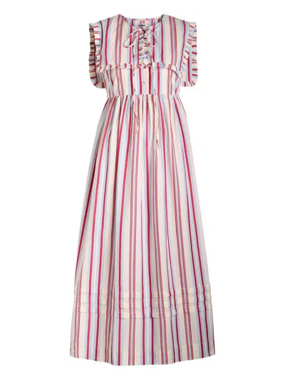 Damson Madder Josephine Ruffled-sleeve Striped Midi Dress In Neutral