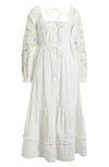 Damson Madder Junia Embroidered Long Sleeve Organic Cotton Midi Dress In White