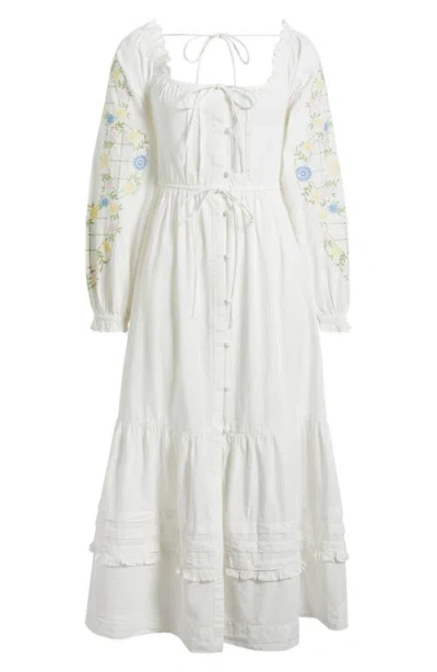 Damson Madder Junia Embroidered Long Sleeve Organic Cotton Midi Dress In White