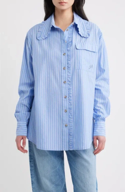 Damson Madder Kendall Ruffle Stripe Organic Cotton Shirt In Blue