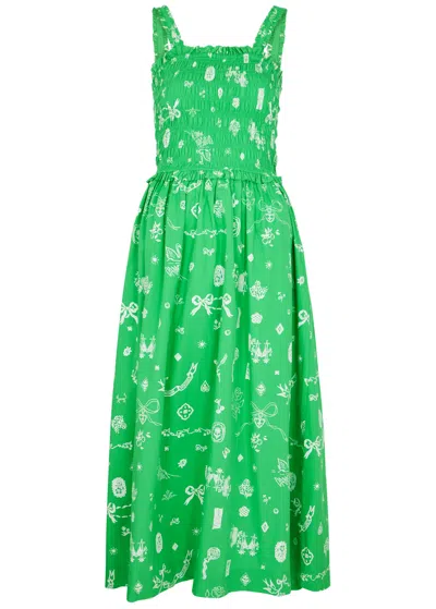 Damson Madder Kiera Printed Cotton Midi Dress In Green