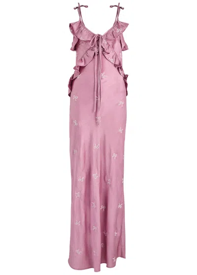 Damson Madder Kiki Bow-embroidered Satin Maxi Dress In Pink