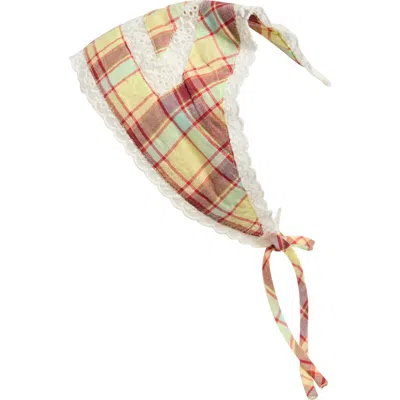 Damson Madder Lace Inset Plaid Organic Cotton Triangle Hair Scarf In Multi