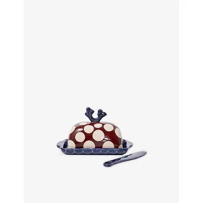 Damson Madder Large Spot Ceramic Butter Dish And Knife Set Burgundy Spot In Multi