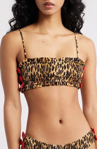 Damson Madder Leopard Smocked Bow Bandeau Bikini Top In Brown