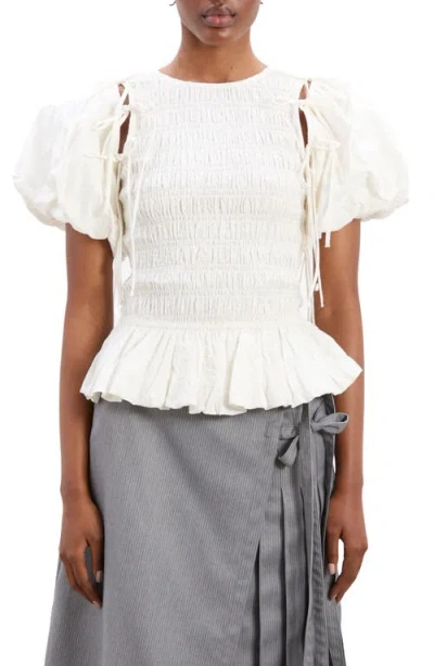 Damson Madder Lillian Puff Sleeve Smocked Organic Cotton Peplum Top In White