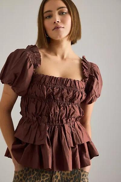 Damson Madder Lyza Ruched Puff-sleeve Blouse In Brown
