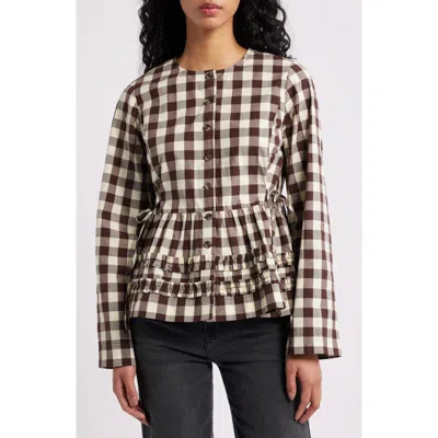 Damson Madder Madison Gingham Long Sleeve Organic Cotton Top In Brown