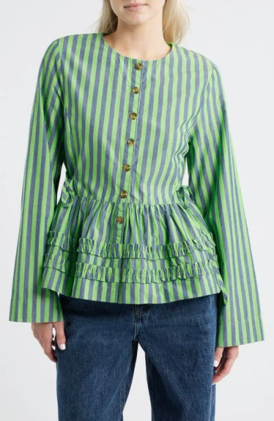 Damson Madder Madison Stripe Organic Cotton Peplum Button-up Top In Multi