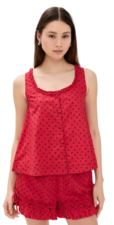 Damson Madder Mafalda Ruffle Neck Top Red Cherry
