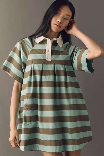 Damson Madder Maggie Cotton Stripe Mini Dress In Green