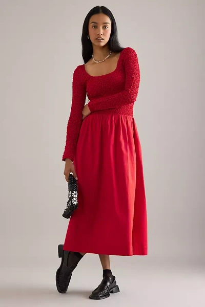 Damson Madder Malinda Long-sleeve Smocked Midi Dress In Red