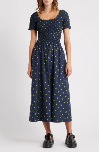 Damson Madder Malinda Polka Dot Super Smocked Organic Cotton Dress In Blue