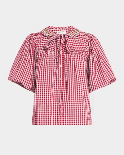 Damson Madder Mila Puff-sleeve Gingham Blouse In Red