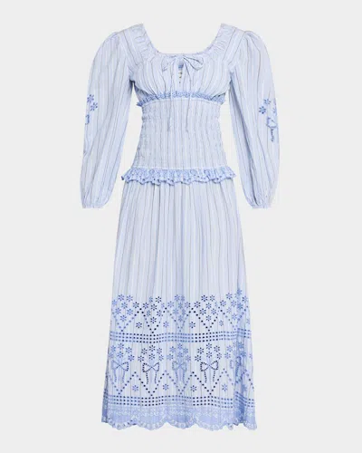 Damson Madder Nola Embroidered Long-sleeve Midi Dress In Blue