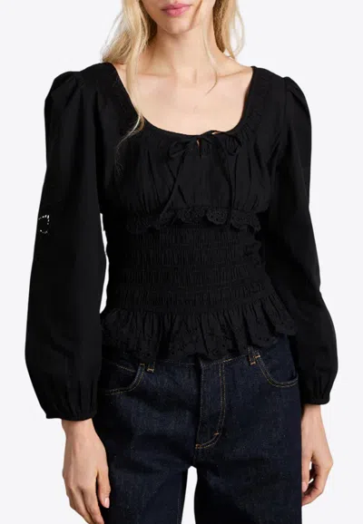 Damson Madder Nola Embroidered Shirred Blouse In Black