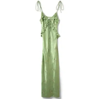 green emerald velvet dress Damson Madder - Sasha Ruffle Slip Dress with Cami - Sheer Olive