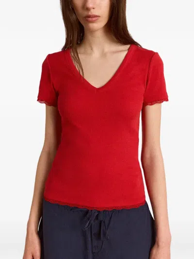 Damson Madder Paige Lace-trim V-neck T-shirt In Red