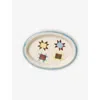 Damson Madder Patchwork Motif Abstract-pattern Oval Ceramic Trinket Dish In Multi
