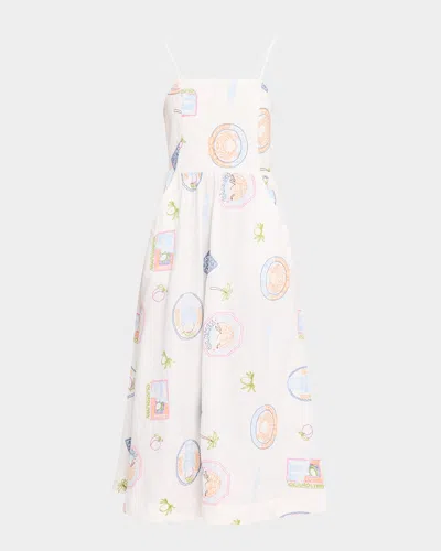 Damson Madder Peaches Embroidered Apron Midi Dress In Multi