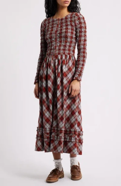 Damson Madder Posey Smocked Long-sleeve Organic Cotton Midi Dress In Multi