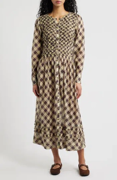 Damson Madder Posey Smocked Long Sleeve Midi Dress In Multi