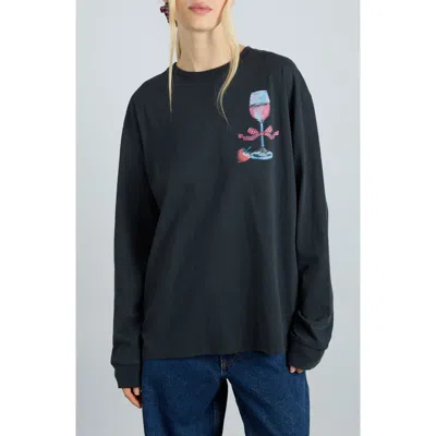 Damson Madder Rosé Wine Long Sleeve Organic Cotton Graphic T-shirt In Charcoal