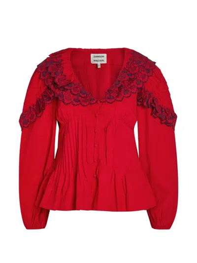 Damson Madder Caroline Embroidered Organic Cotton Peplum Top In Red