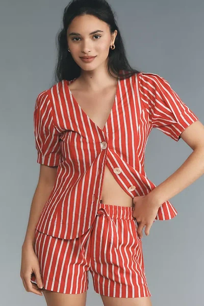 Damson Madder Shell Linen Blend Puff-sleeve Blouse In Red