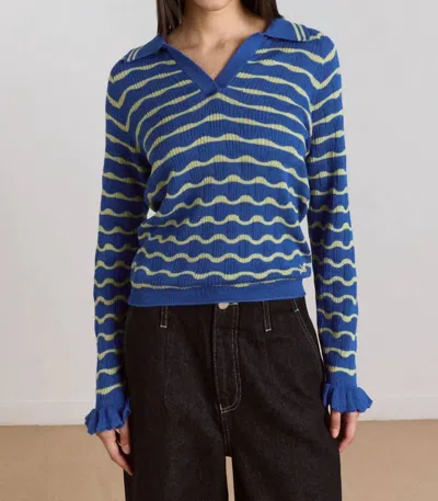 Damson Madder Silvia Knitted Stripe Polo Sweater In Blue Mint