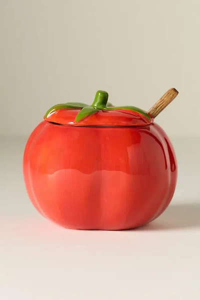 Damson Madder Stoneware Tomato Sugar Bowl And Spoon In Red