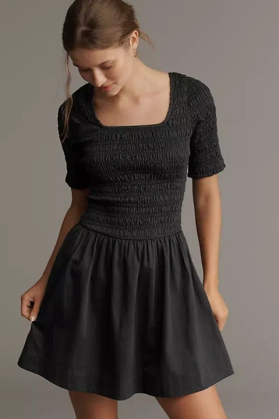 Damson Madder Straight-neck Smocked Mini Dress In Black
