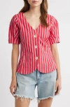 Damson Madder Womens  Shell Stripe-print Cotton And Linen-blend Blouse In Red